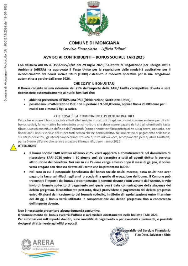 Avviso ai Contribuenti - BONUS SOCIALE TARI 2025